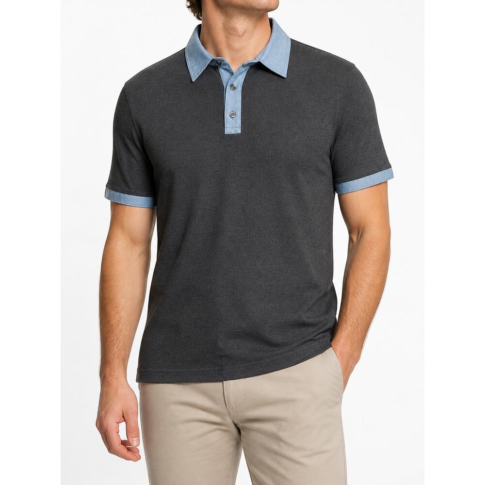 Denim & Flower Mens Navy Blue Denim Collar Polo Shirt Size M